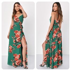 Lulu's Floral Flirtation Dark Green Floral Rose Wrap Maxi Dress Small
